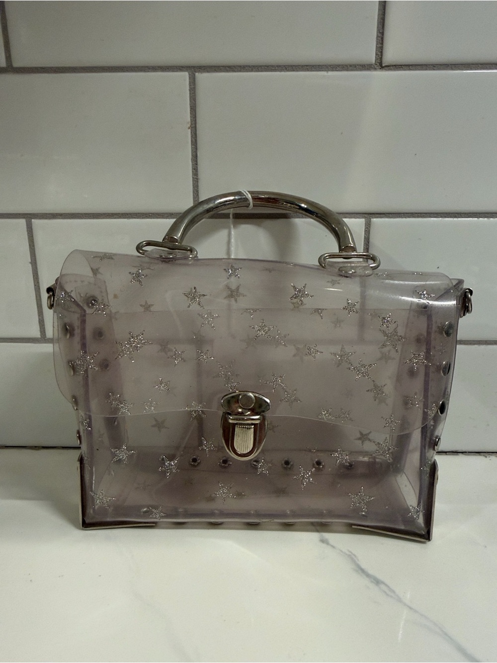Vintage Acrylic Purse, Metal Handle, Metal Snap Closure Sequined Stars